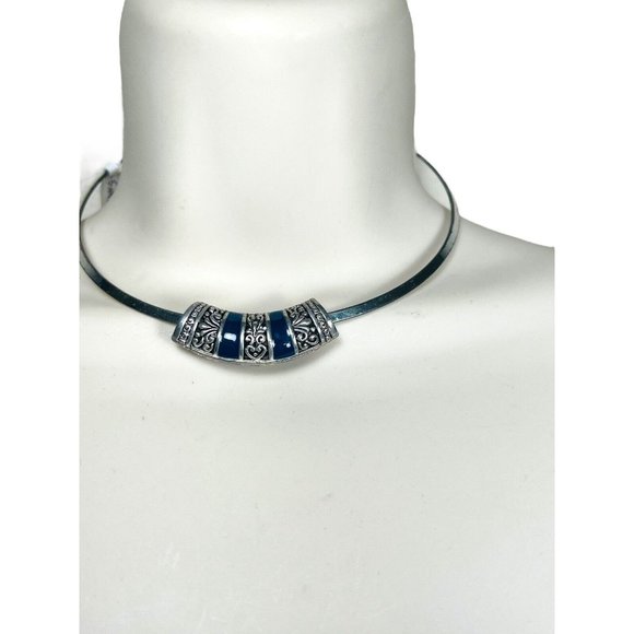 Tibetan Silver Filligree Sliding Pendant Charm Blue EnameL Necklace Choker VNTG - Picture 5 of 8